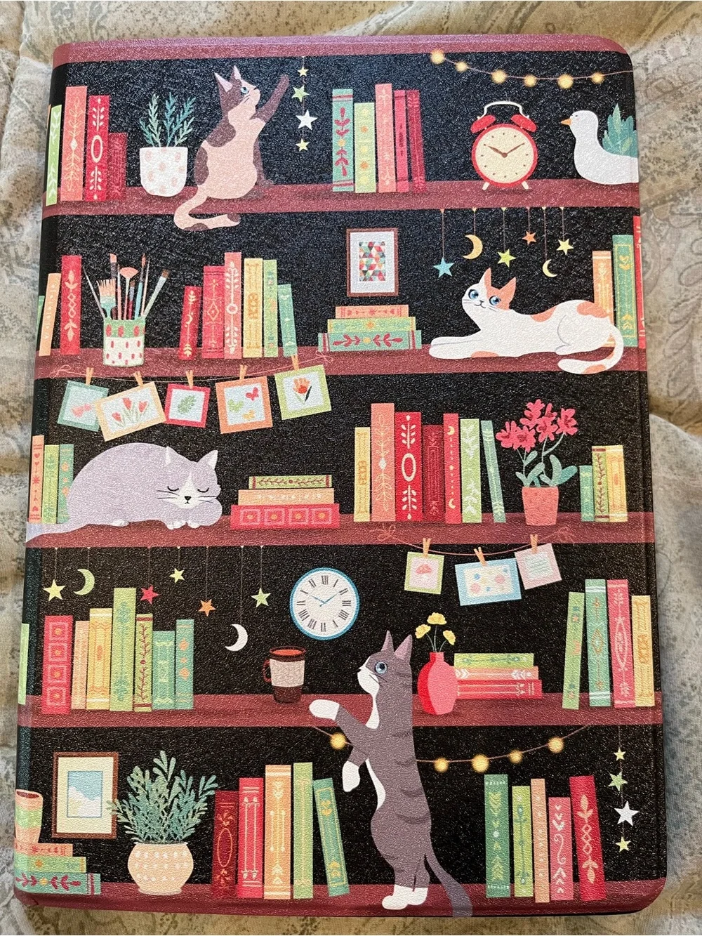 Whimsical Cats & Books Tablet Sleeve in Black and Multicolor